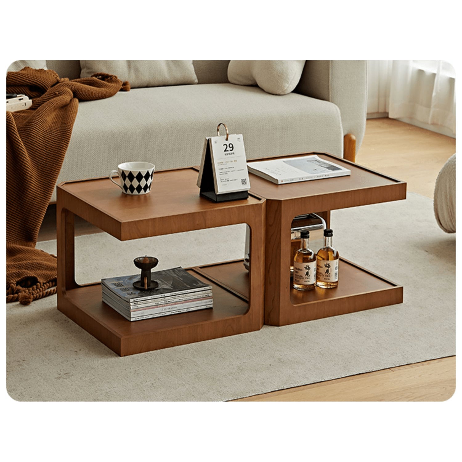 Square Cherry Wood Coffee Table with Two-tier – Sturdy Plywood Design for Livingroom fmy-690