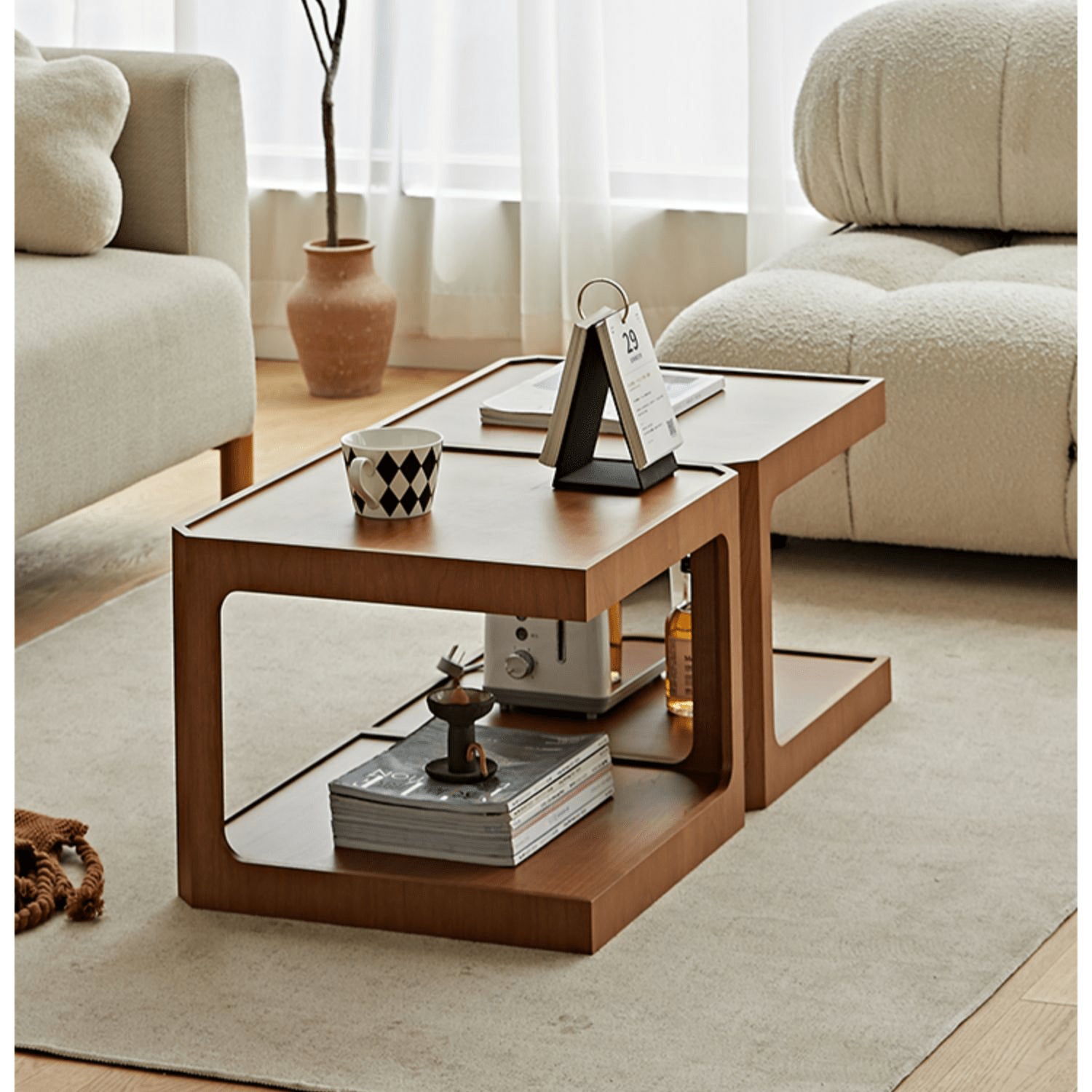 Square Cherry Wood Coffee Table with Two-tier – Sturdy Plywood Design for Livingroom fmy-690