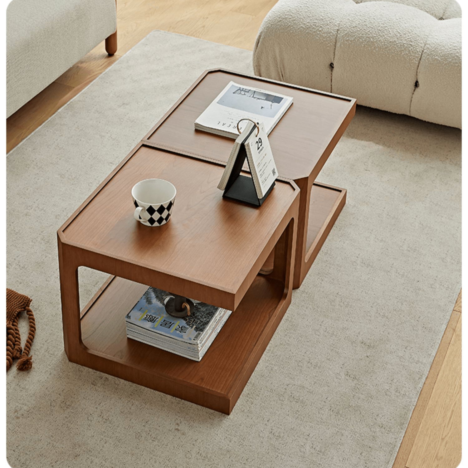 Square Cherry Wood Coffee Table with Two-tier – Sturdy Plywood Design for Livingroom fmy-690