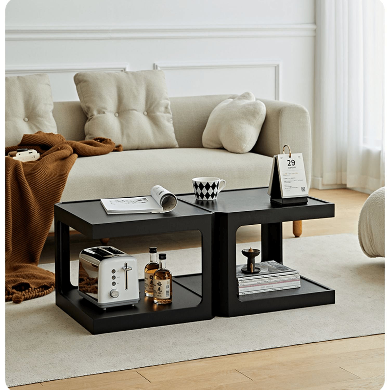 Square Cherry Wood Coffee Table with Two-tier – Sturdy Plywood Design for Livingroom fmy-690