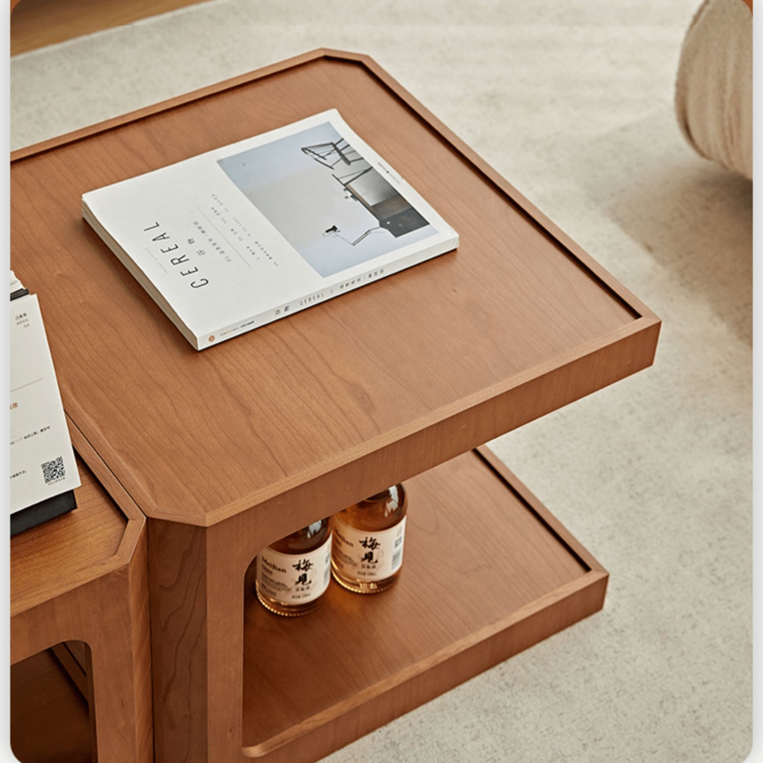 Square Cherry Wood Coffee Table with Two-tier – Sturdy Plywood Design for Livingroom fmy-690