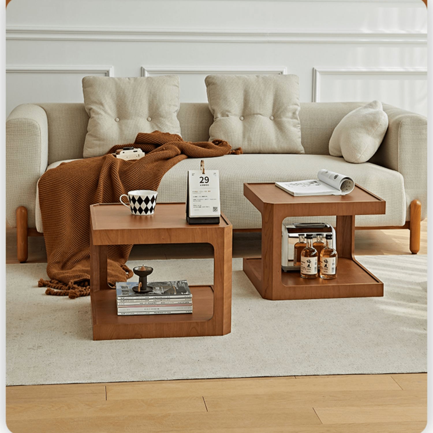 Square Cherry Wood Coffee Table with Two-tier – Sturdy Plywood Design for Livingroom fmy-690