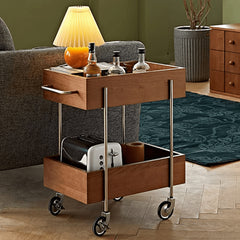 Stylish Multi-Material End Table with wheels: Light Brown Black Cherry Wood, Plywood, Stainless Steel, Nylon fmy-692