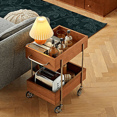 Stylish Multi-Material End Table with wheels: Light Brown Black Cherry Wood, Plywood, Stainless Steel, Nylon fmy-692