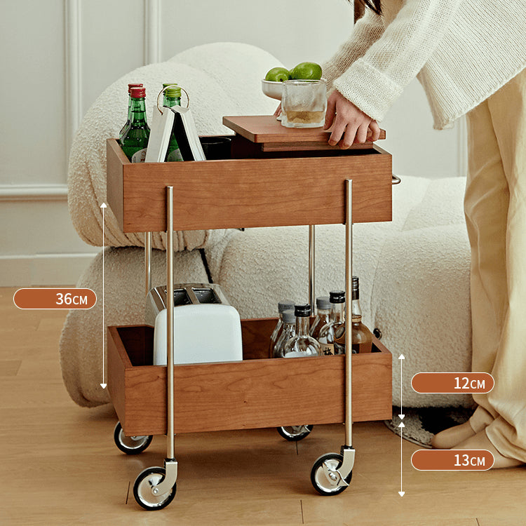 Stylish Multi-Material End Table with wheels: Light Brown Black Cherry Wood, Plywood, Stainless Steel, Nylon fmy-692