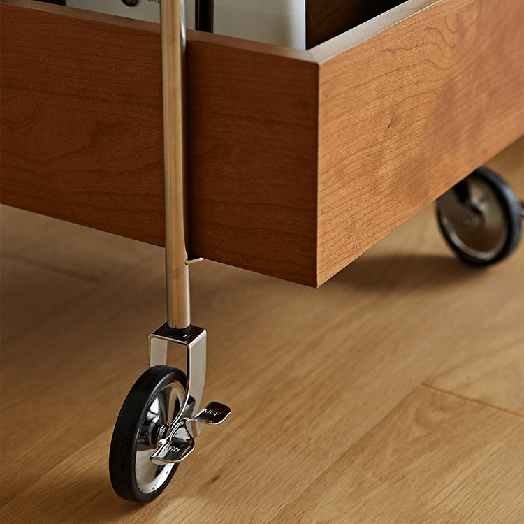 Stylish Multi-Material End Table with wheels: Light Brown Black Cherry Wood, Plywood, Stainless Steel, Nylon fmy-692