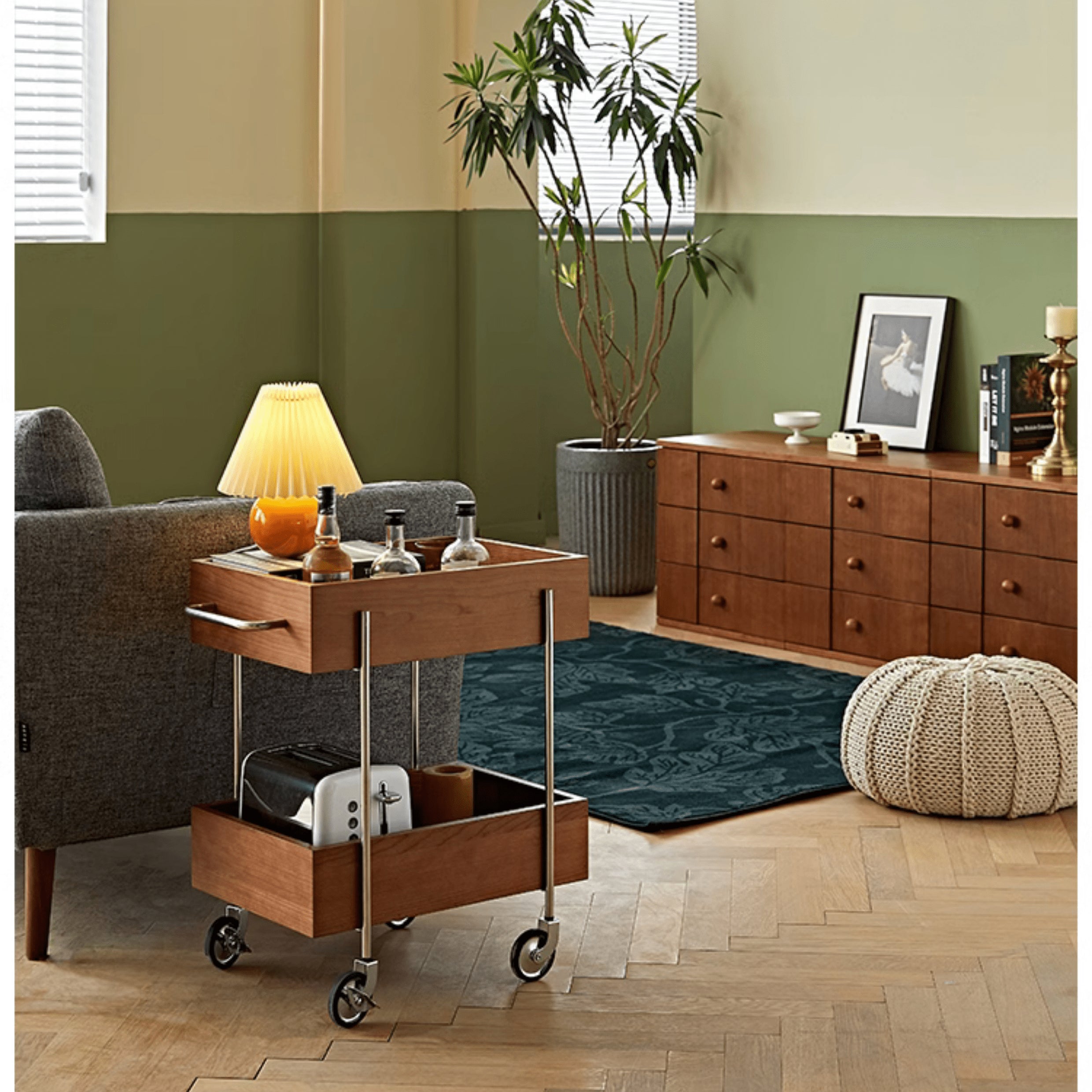 Stylish Multi-Material End Table with wheels: Light Brown Black Cherry Wood, Plywood, Stainless Steel, Nylon fmy-692