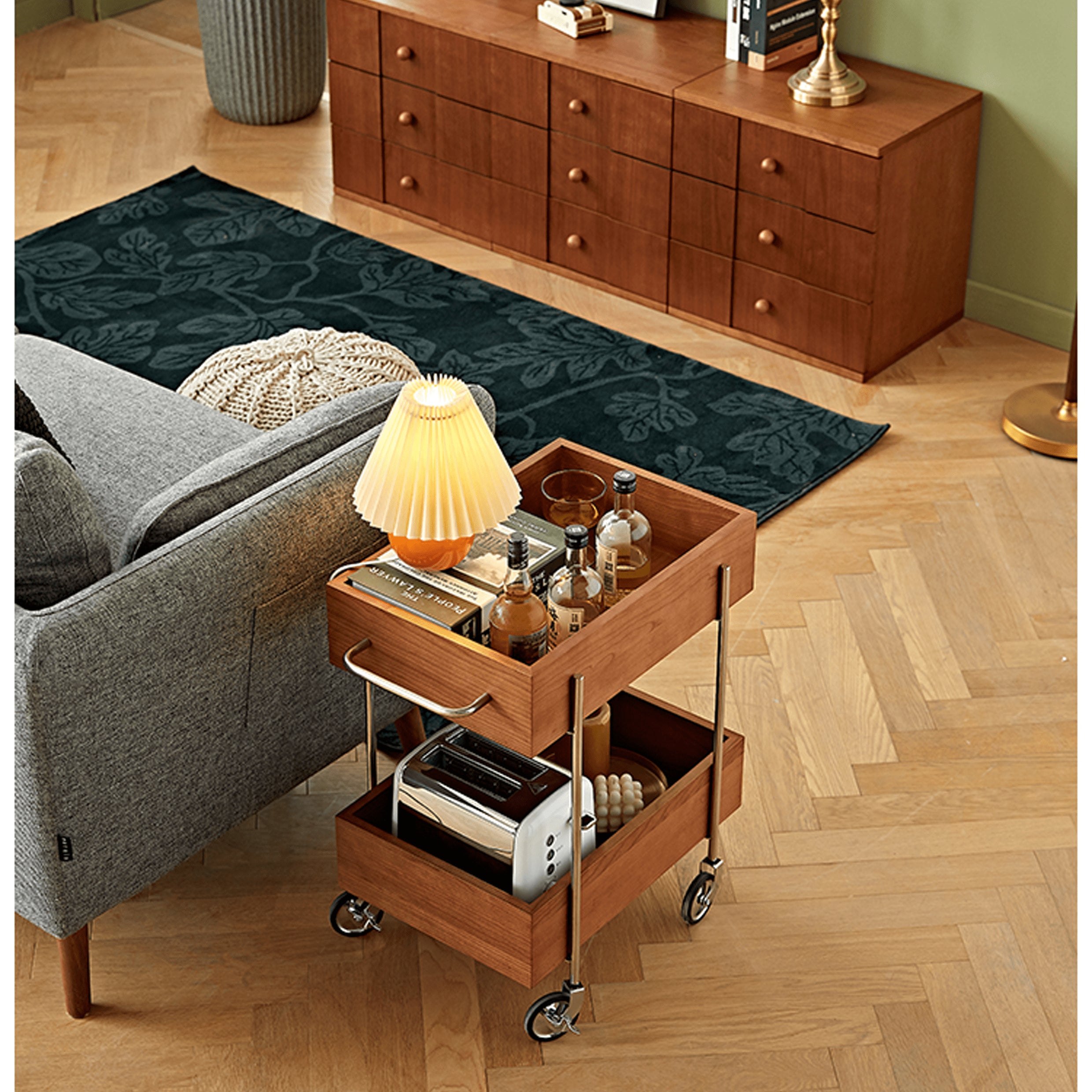 Stylish Multi-Material End Table with wheels: Light Brown Black Cherry Wood, Plywood, Stainless Steel, Nylon fmy-692