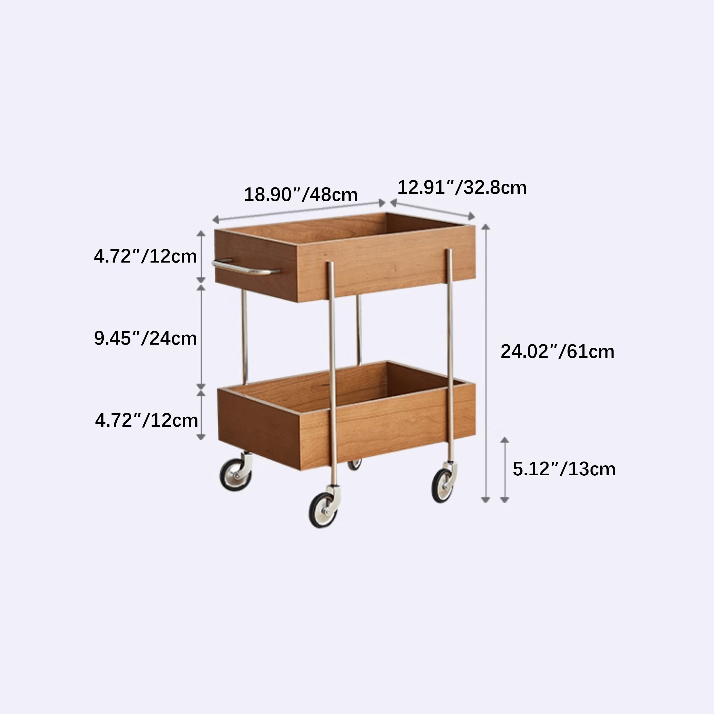 Stylish Multi-Material End Table with wheels: Light Brown Black Cherry Wood, Plywood, Stainless Steel, Nylon fmy-692