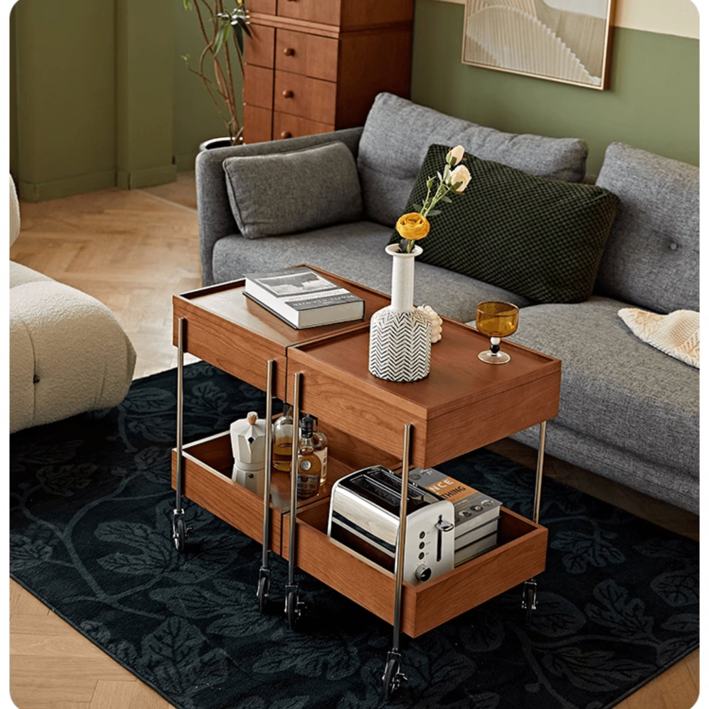 Stylish Multi-Material End Table with wheels: Light Brown Black Cherry Wood, Plywood, Stainless Steel, Nylon fmy-692