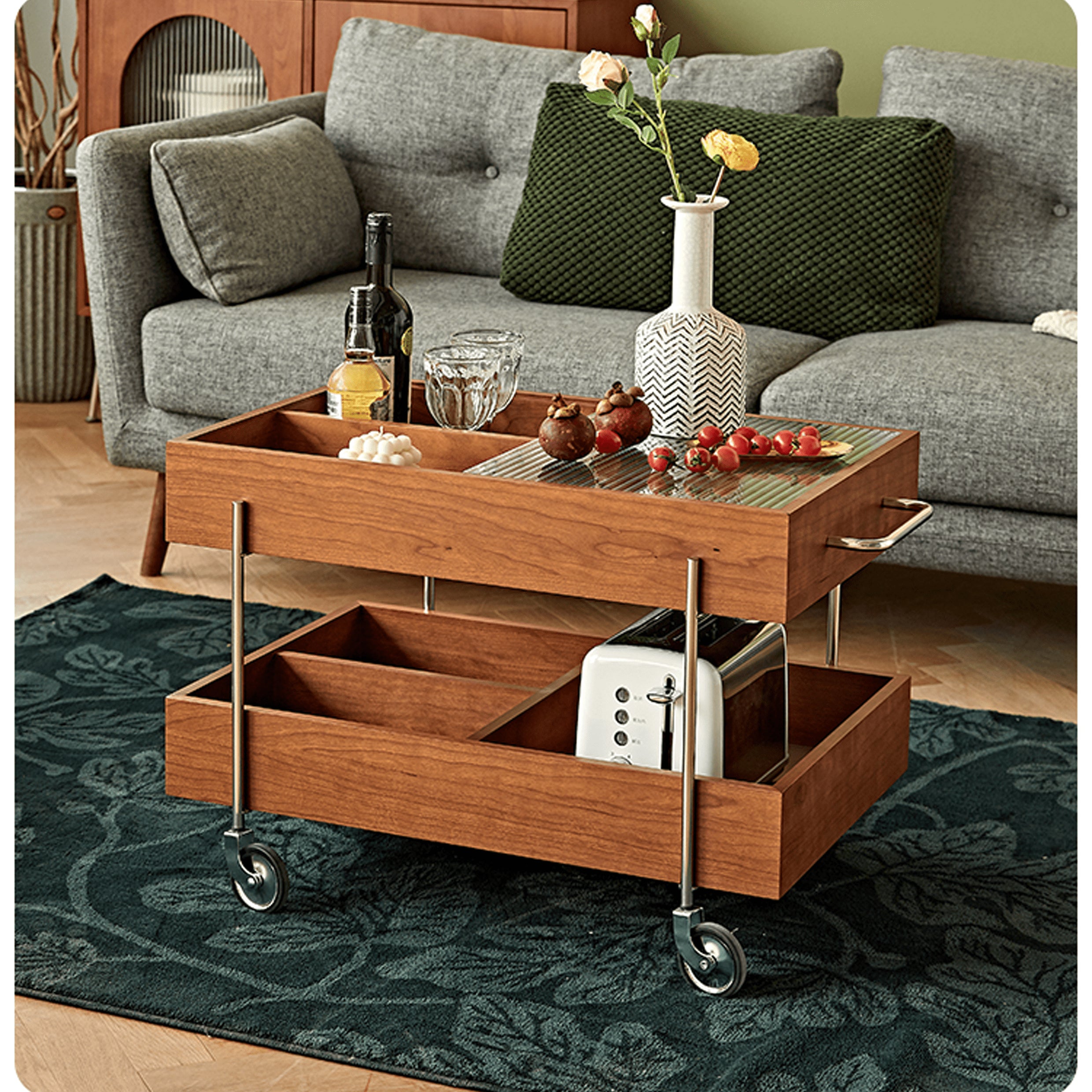 Stylish Multi-Material End Table with wheels: Light Brown Black Cherry Wood, Plywood, Stainless Steel, Nylon fmy-692