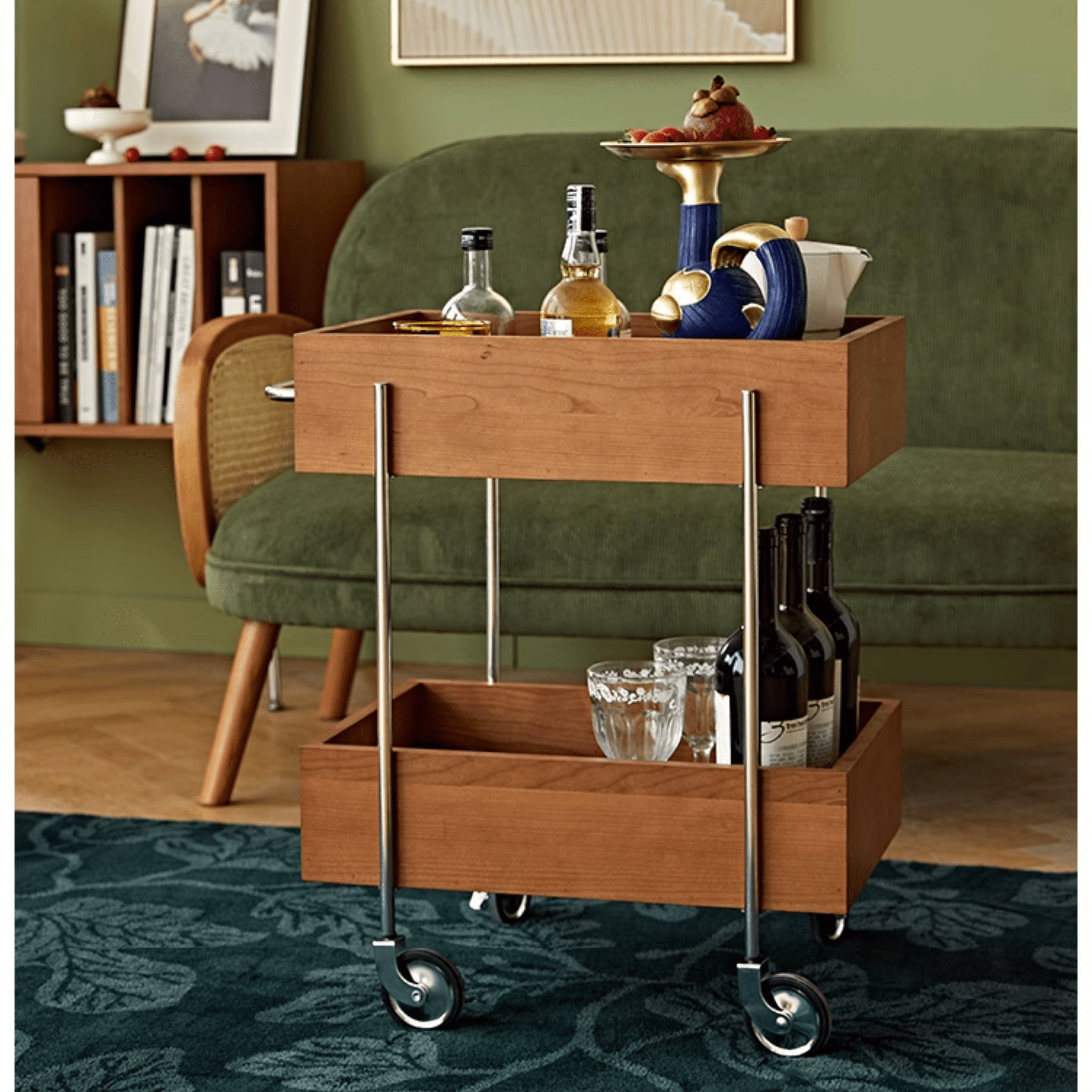 Stylish Multi-Material End Table with wheels: Light Brown Black Cherry Wood, Plywood, Stainless Steel, Nylon fmy-692