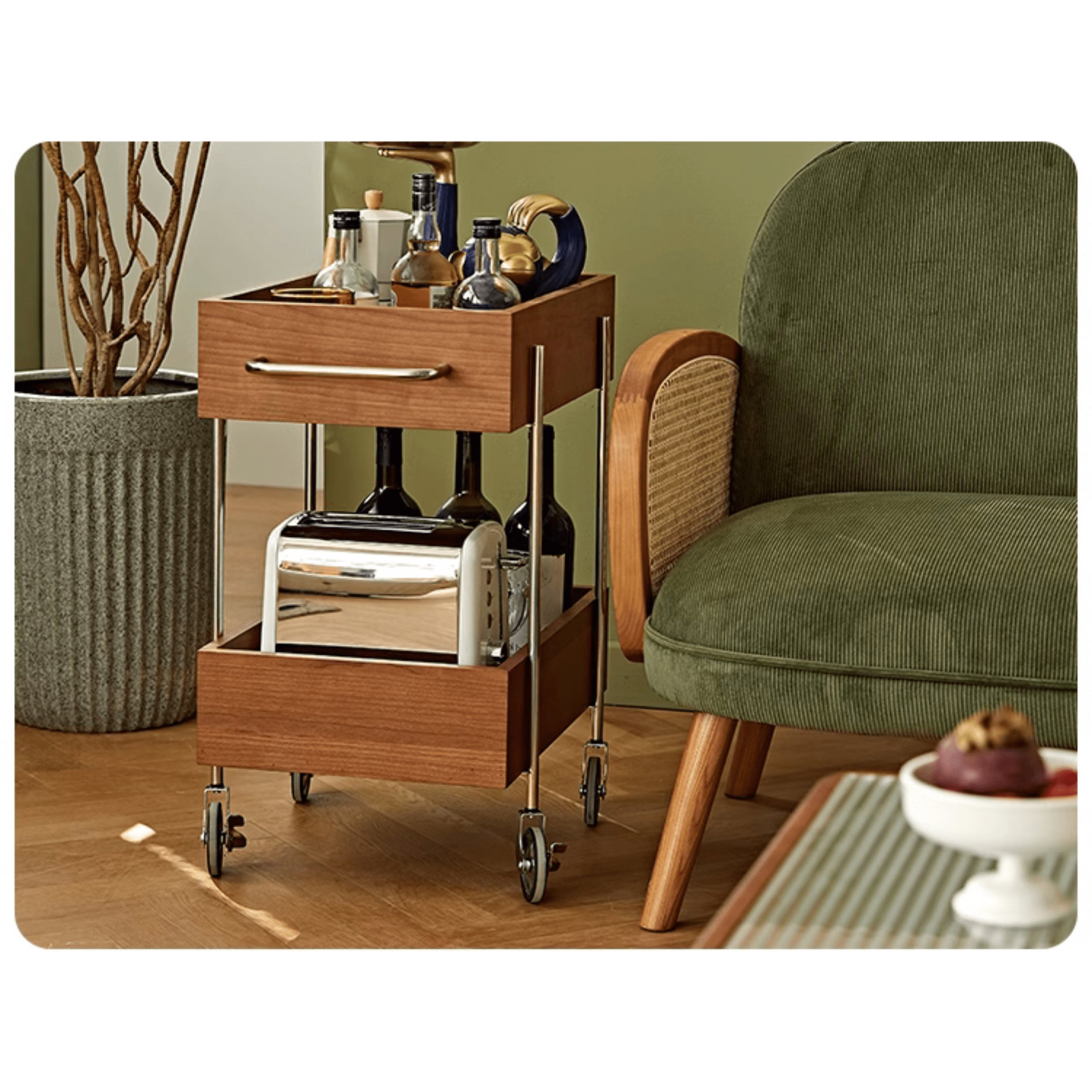 Stylish Multi-Material End Table with wheels: Light Brown Black Cherry Wood, Plywood, Stainless Steel, Nylon fmy-692