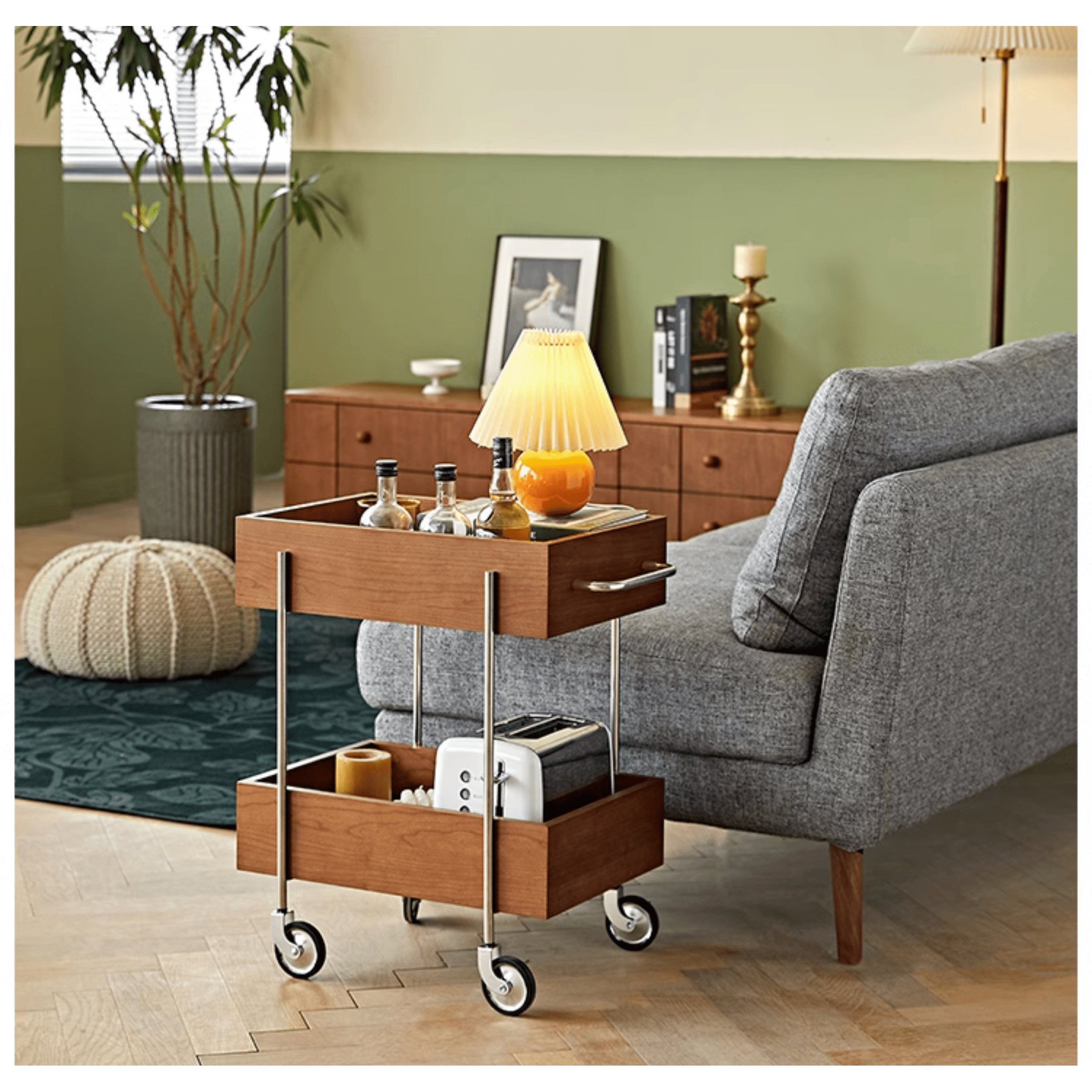 Stylish Multi-Material End Table with wheels: Light Brown Black Cherry Wood, Plywood, Stainless Steel, Nylon fmy-692