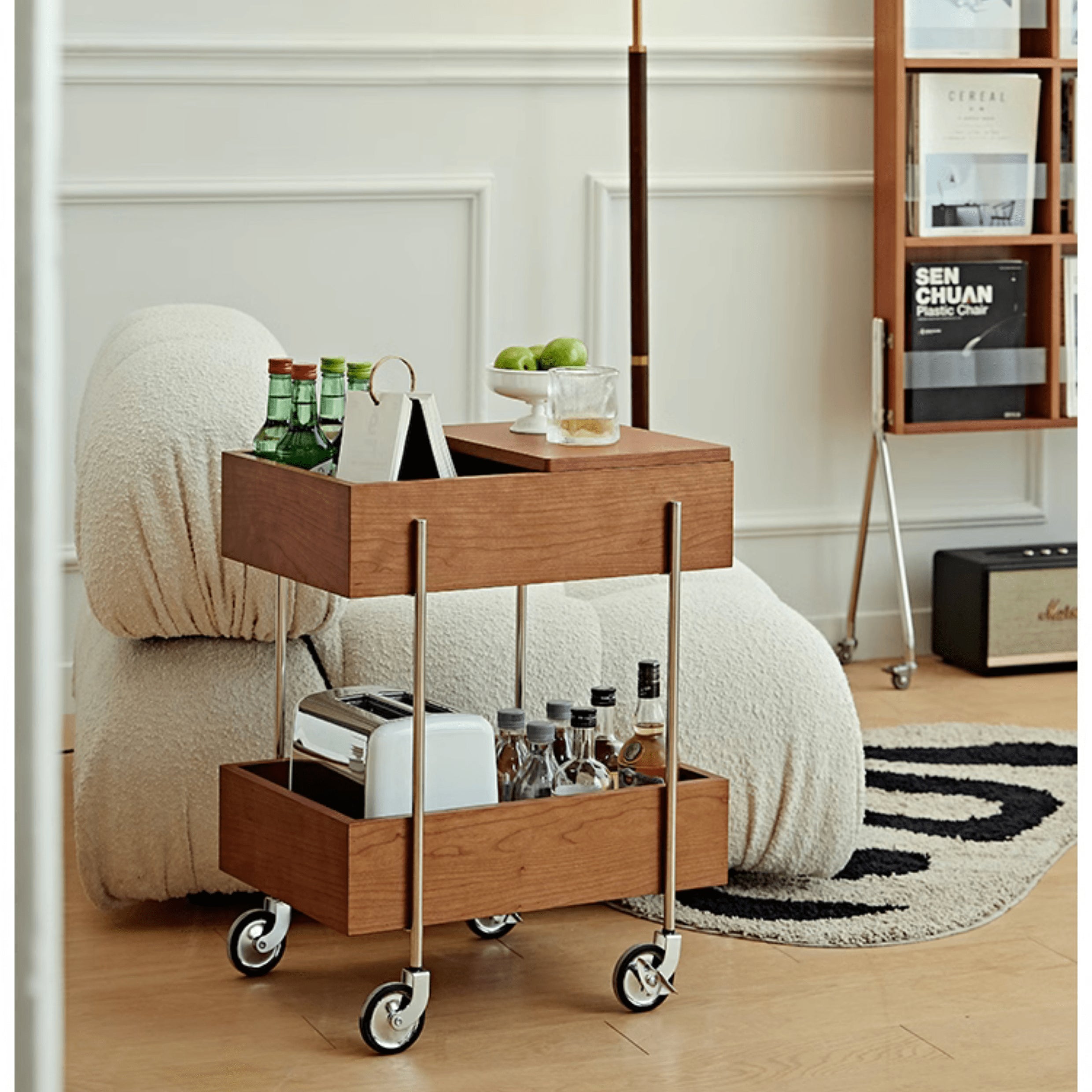 Stylish Multi-Material End Table with wheels: Light Brown Black Cherry Wood, Plywood, Stainless Steel, Nylon fmy-692