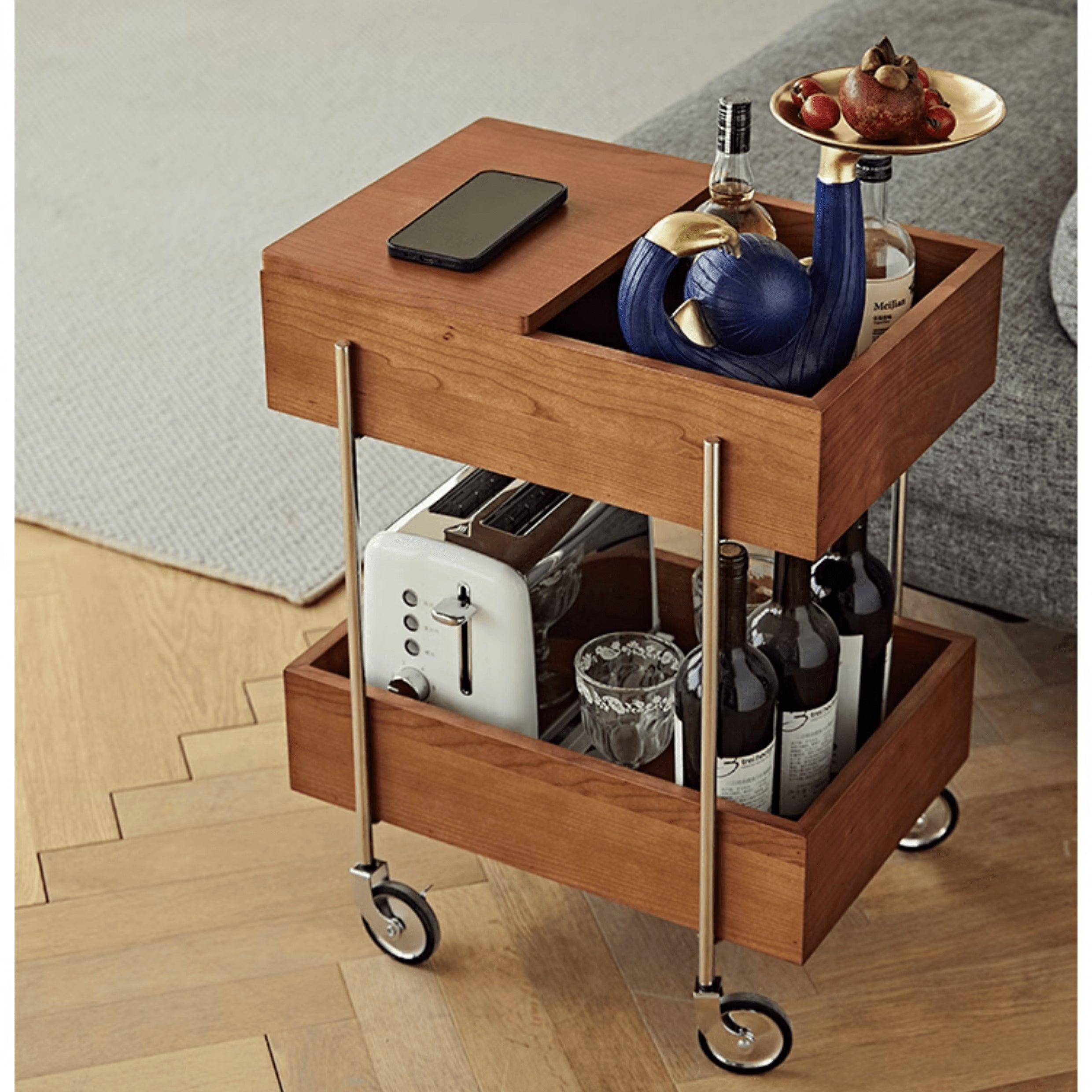 Stylish Multi-Material End Table with wheels: Light Brown Black Cherry Wood, Plywood, Stainless Steel, Nylon fmy-692