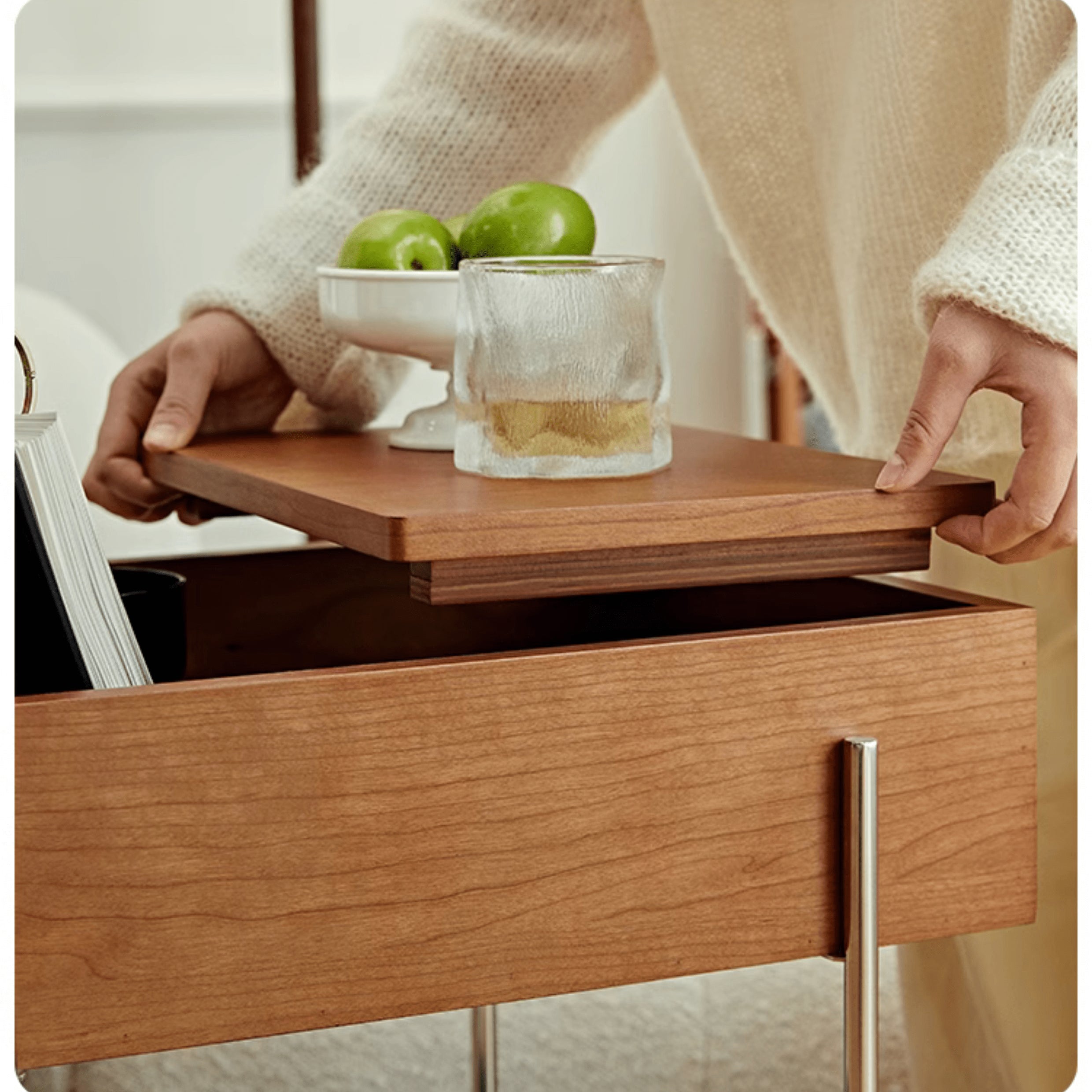 Stylish Multi-Material End Table with wheels: Light Brown Black Cherry Wood, Plywood, Stainless Steel, Nylon fmy-692