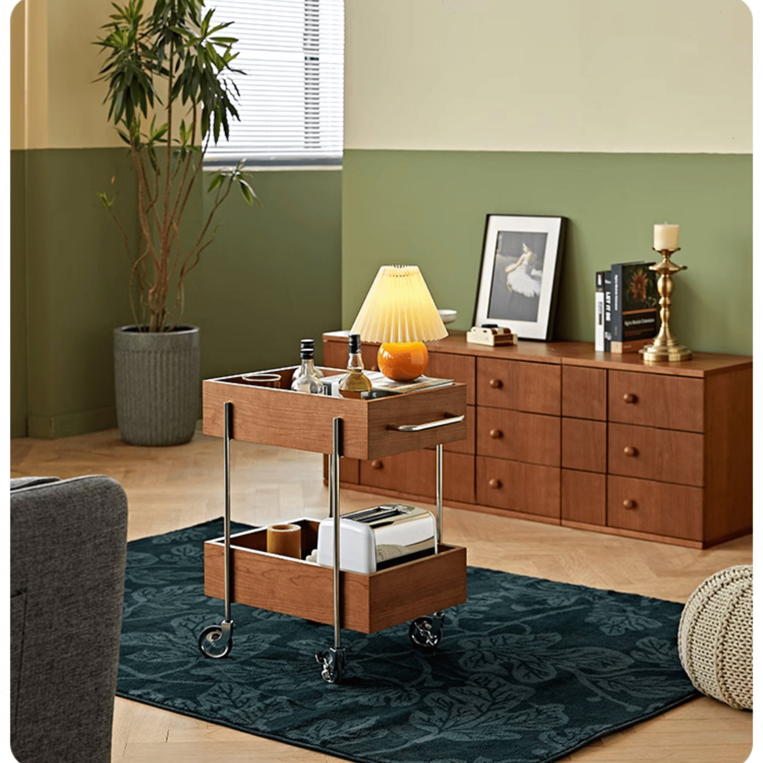 Stylish Multi-Material End Table with wheels: Light Brown Black Cherry Wood, Plywood, Stainless Steel, Nylon fmy-692