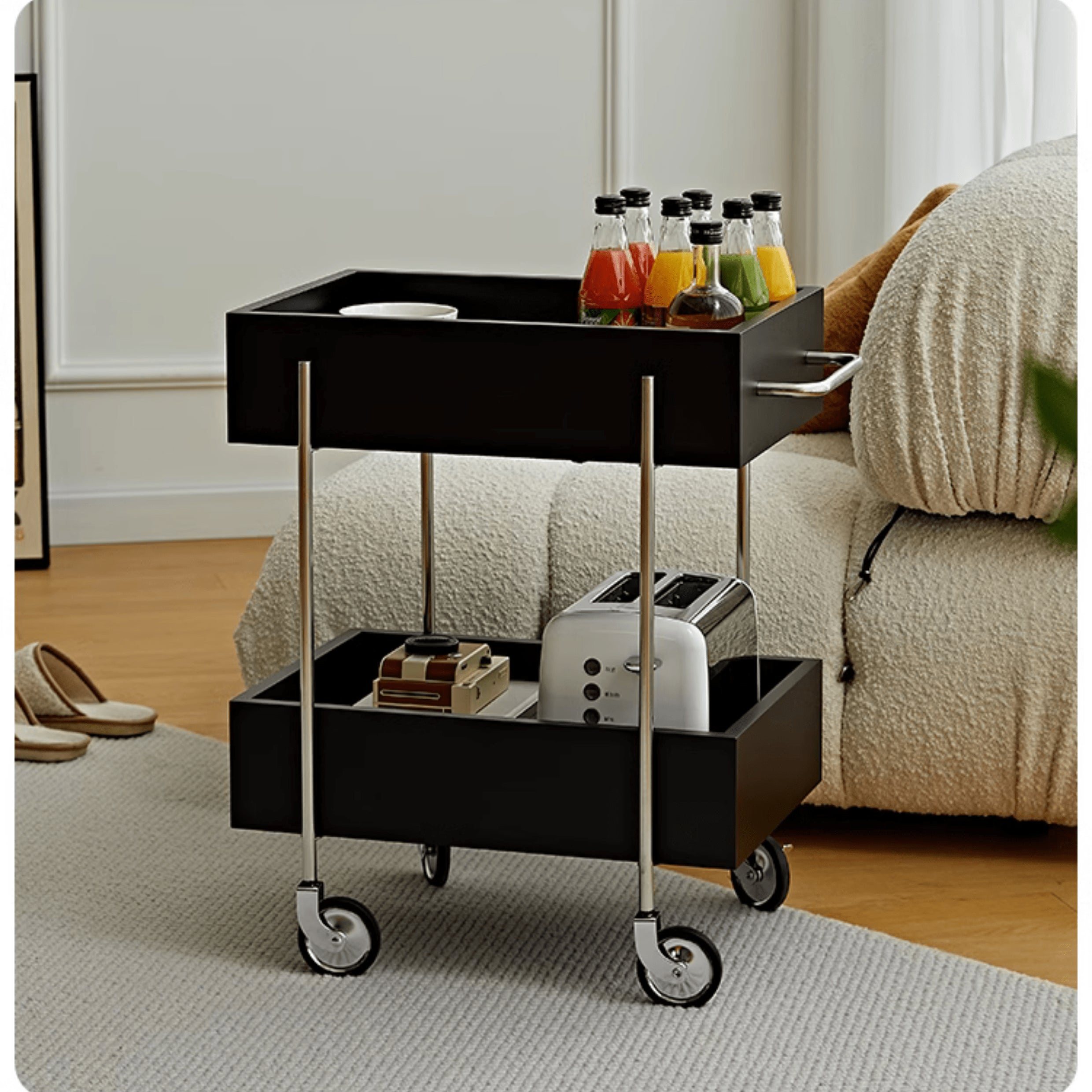 Stylish Multi-Material End Table with wheels: Light Brown Black Cherry Wood, Plywood, Stainless Steel, Nylon fmy-692