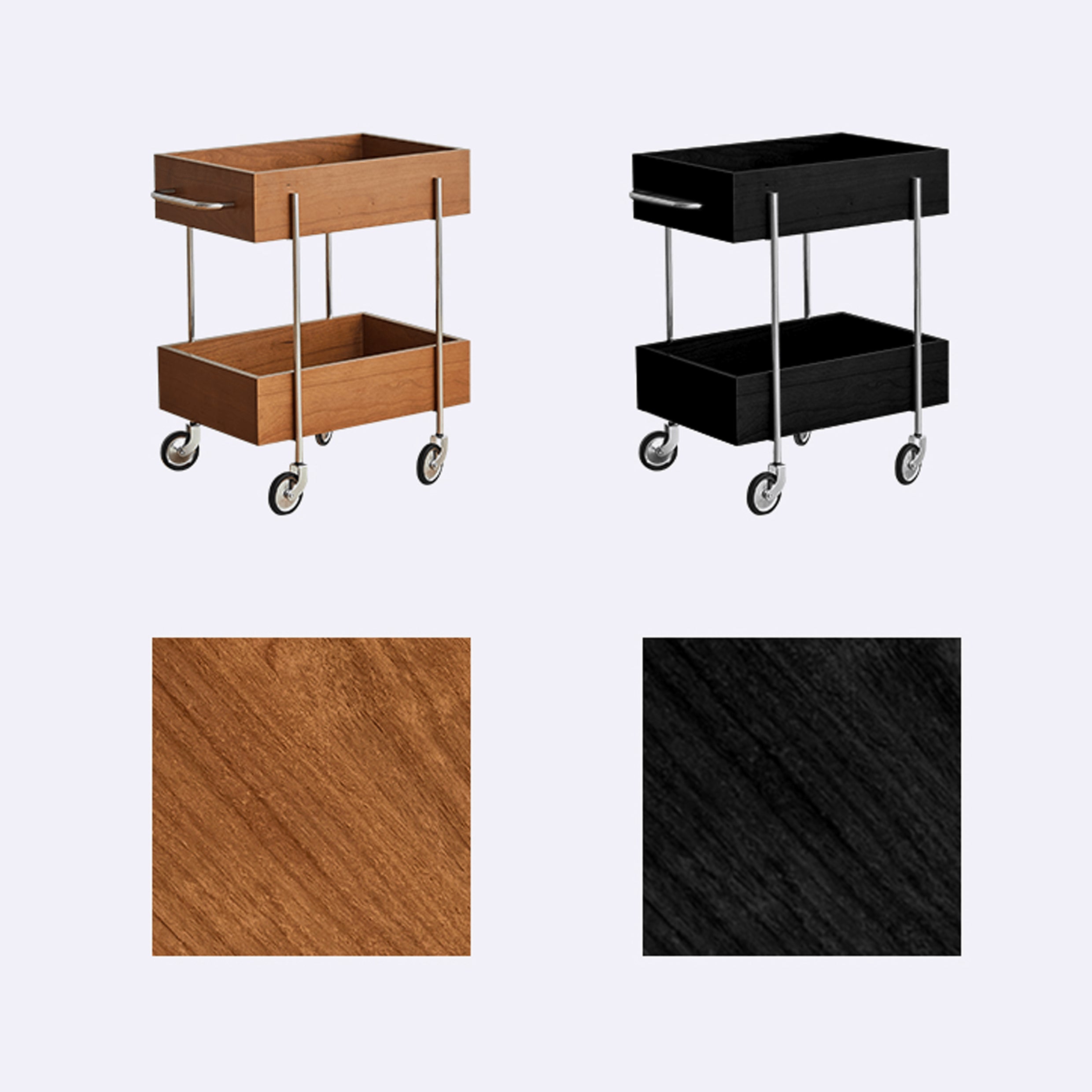 Stylish Multi-Material End Table with wheels: Light Brown Black Cherry Wood, Plywood, Stainless Steel, Nylon fmy-692