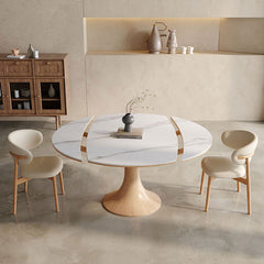 Luxurious Round Dining Table with Extendable Sintered Stone Top & Wooden Pedestal for 6-8 People fnl-268