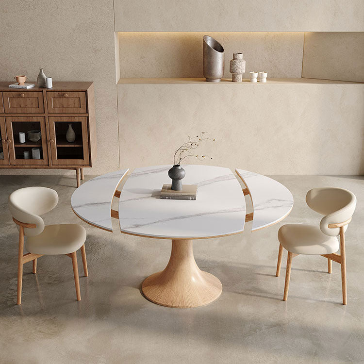 Luxurious Round Dining Table with Extendable Sintered Stone Top & Wooden Pedestal for 6-8 People fnl-268