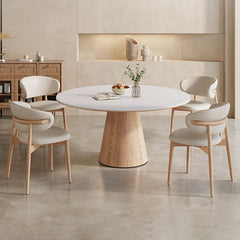 Modern Round Dining Table with Sintered Stone Top & Solid Wood Pedestal for 6 fnl-274