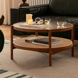 Cherry Wood & Rattan Coffee Table with Tempered Glass Top – Living Room Accent fpmxm-2780