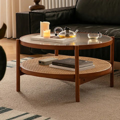Cherry Wood & Rattan Coffee Table with Tempered Glass Top – Living Room Accent fpmxm-2780