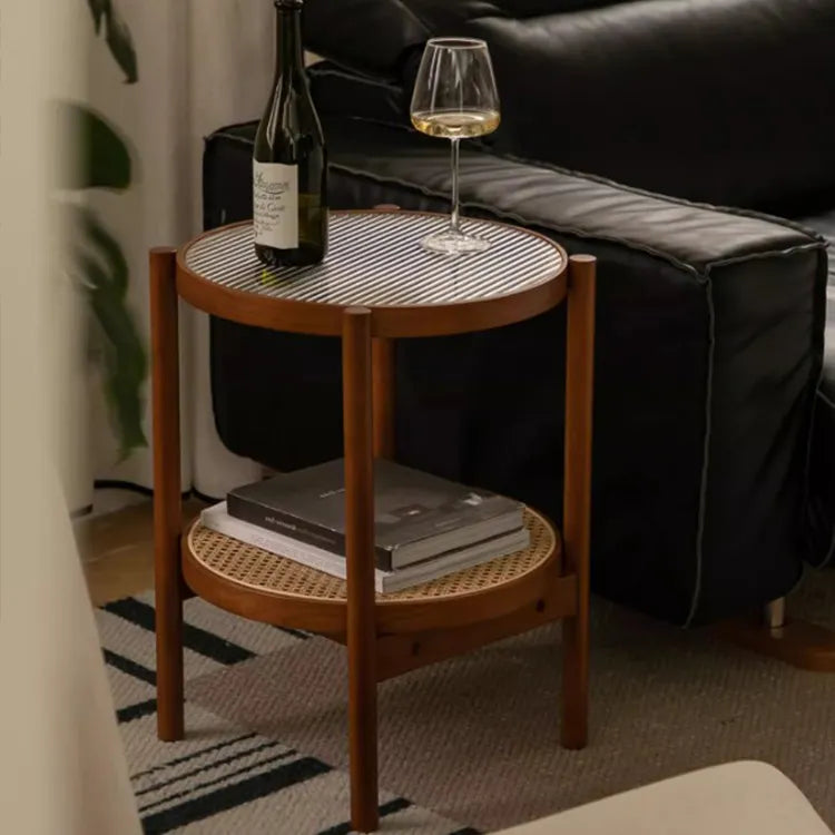 Cherry Wood & Rattan Coffee Table with Tempered Glass Top – Living Room Accent fpmxm-2780