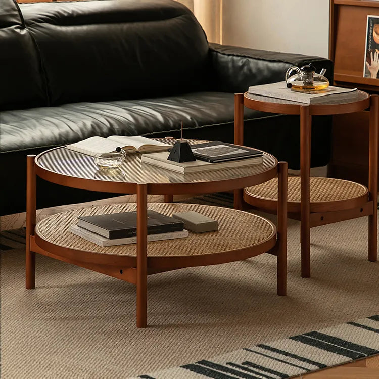 Cherry Wood & Rattan Coffee Table with Tempered Glass Top – Living Room Accent fpmxm-2780