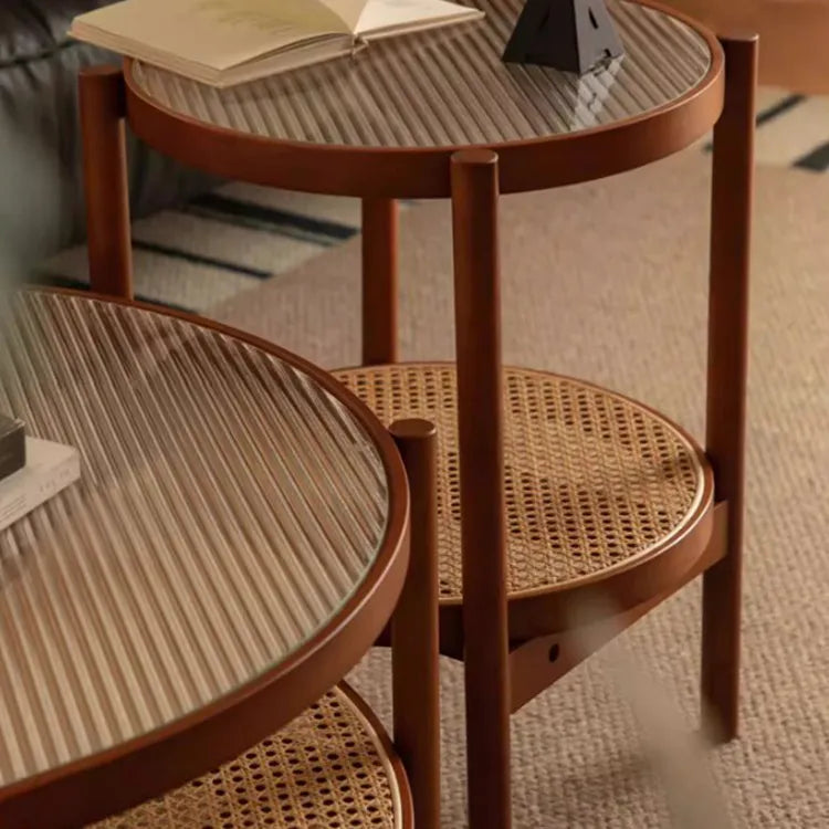 Cherry Wood & Rattan Coffee Table with Tempered Glass Top – Living Room Accent fpmxm-2780
