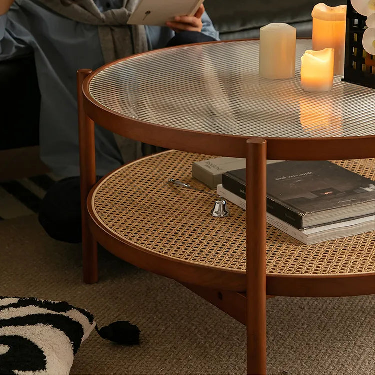 Cherry Wood & Rattan Coffee Table with Tempered Glass Top – Living Room Accent fpmxm-2780