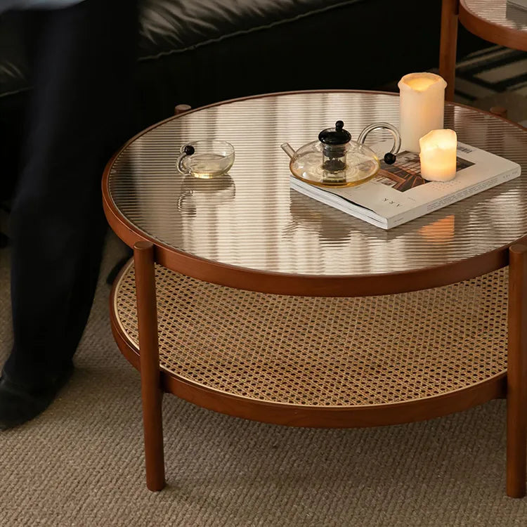 Cherry Wood & Rattan Coffee Table with Tempered Glass Top – Living Room Accent fpmxm-2780