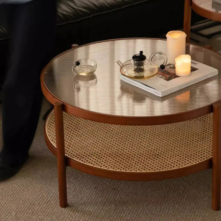 Cherry Wood & Rattan Coffee Table with Tempered Glass Top – Living Room Accent fpmxm-2780