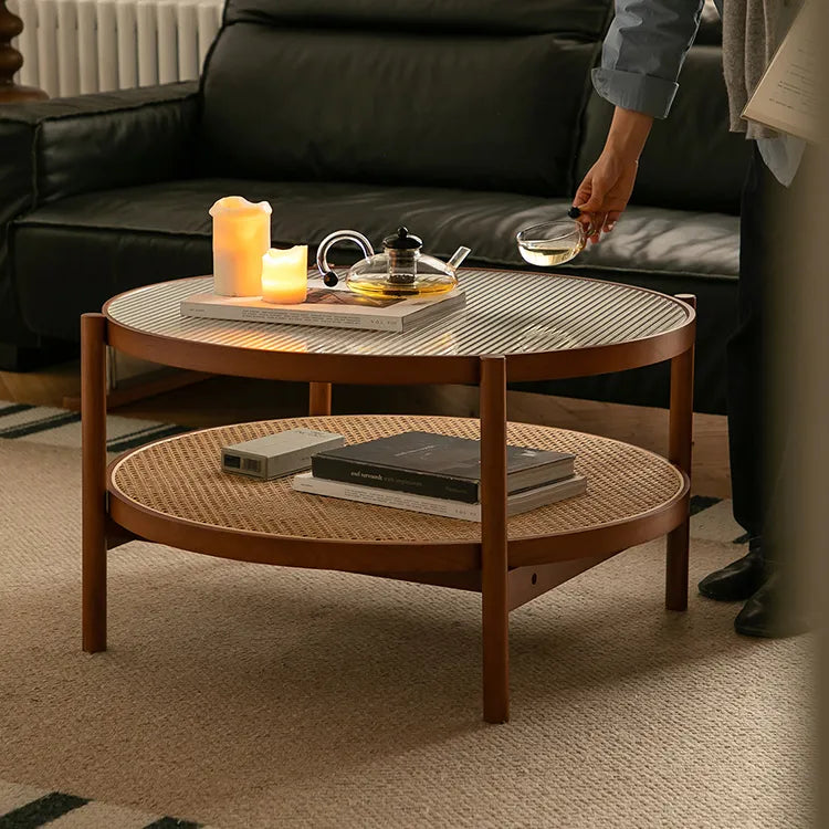 Cherry Wood & Rattan Coffee Table with Tempered Glass Top – Living Room Accent fpmxm-2780