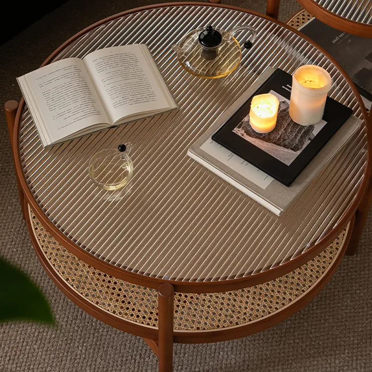 Cherry Wood & Rattan Coffee Table with Tempered Glass Top – Living Room Accent fpmxm-2780