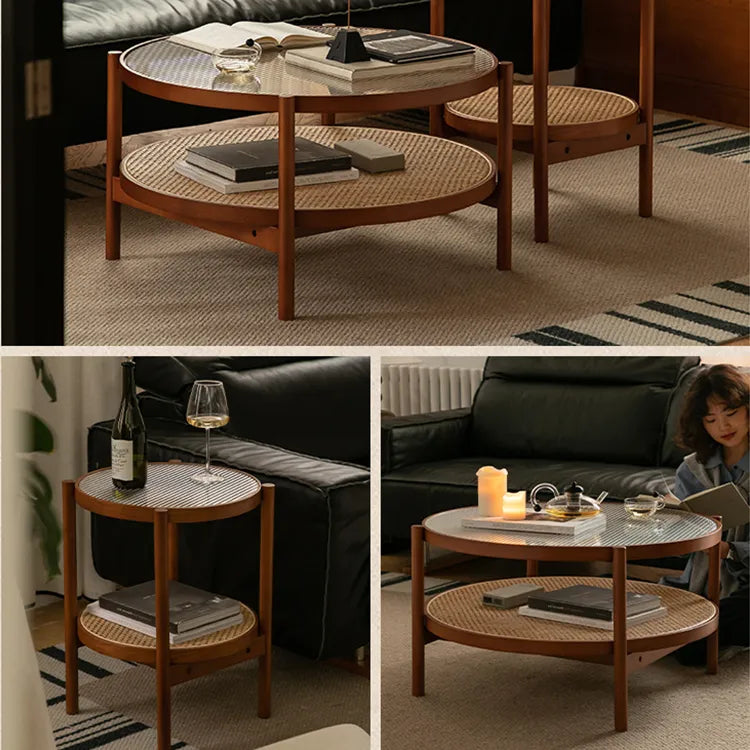 Cherry Wood & Rattan Coffee Table with Tempered Glass Top – Living Room Accent fpmxm-2780