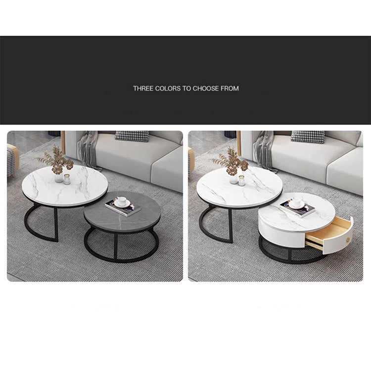 2-Pieces Sintered Stone Round Coffee Table with Storage - Modern Set Design for LIvingroom frg-493