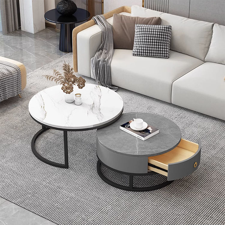 2-Pieces Sintered Stone Round Coffee Table with Storage - Modern Set Design for LIvingroom frg-493