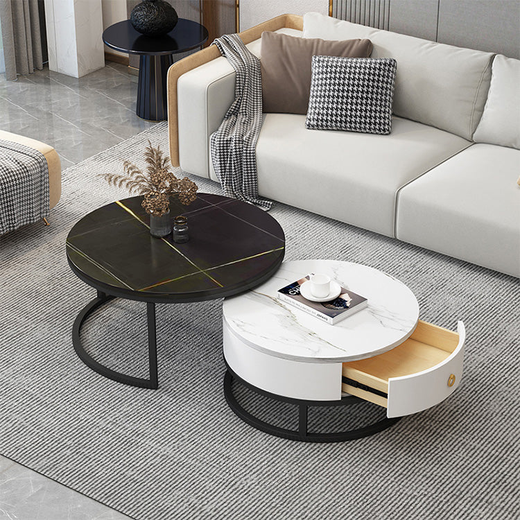 2-Pieces Sintered Stone Round Coffee Table with Storage - Modern Set Design for LIvingroom frg-493