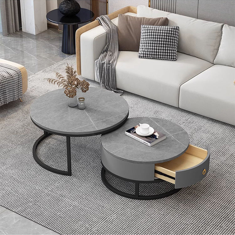 2-Pieces Sintered Stone Round Coffee Table with Storage - Modern Set Design for LIvingroom frg-493