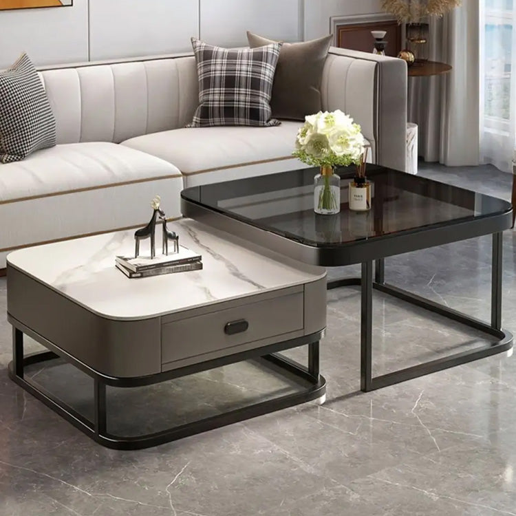 2-Pieces Square Coffee Table with Sintered Stone Top and Drawer Storage for LIvingroom frg-499