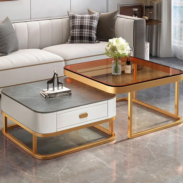 2-Pieces Square Coffee Table with Sintered Stone Top and Drawer Storage for LIvingroom frg-499