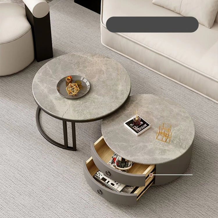 2-Pieces Sintered Stone Round Coffee Table with Metal Legs - Modern design with Storage frg-502