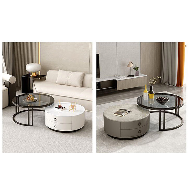 2-Pieces Sintered Stone Round Coffee Table with Metal Legs - Modern design with Storage frg-502