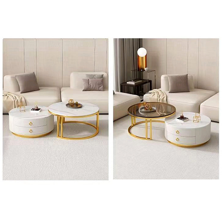 2-Pieces Sintered Stone Round Coffee Table with Metal Legs - Modern design with Storage frg-502