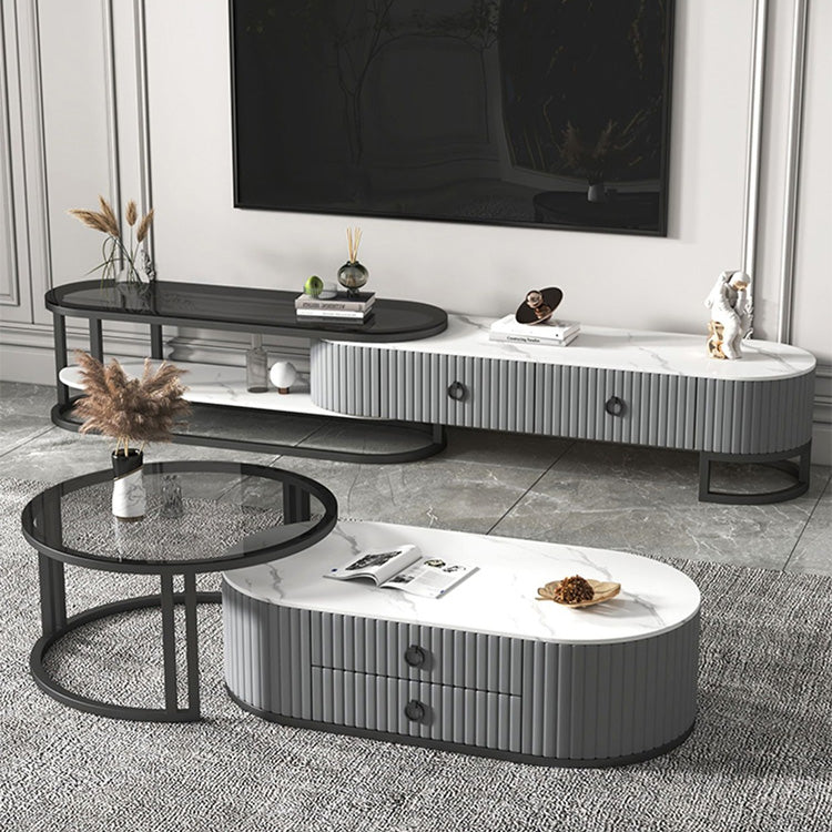 2-Pieces Oval Coffee Table and Round Side Table with Storage- Modern Design for LIvingroom frg-503