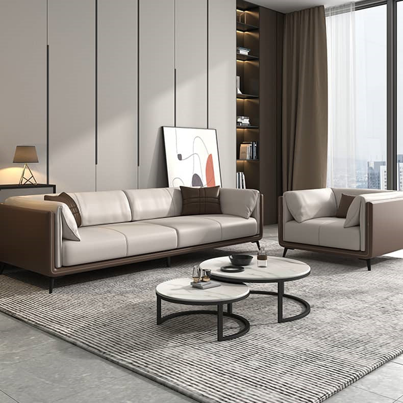 Modern Light Gray Sofa with Dark Brown Pine Wood Frame and Faux Leather Accents fsj-1029