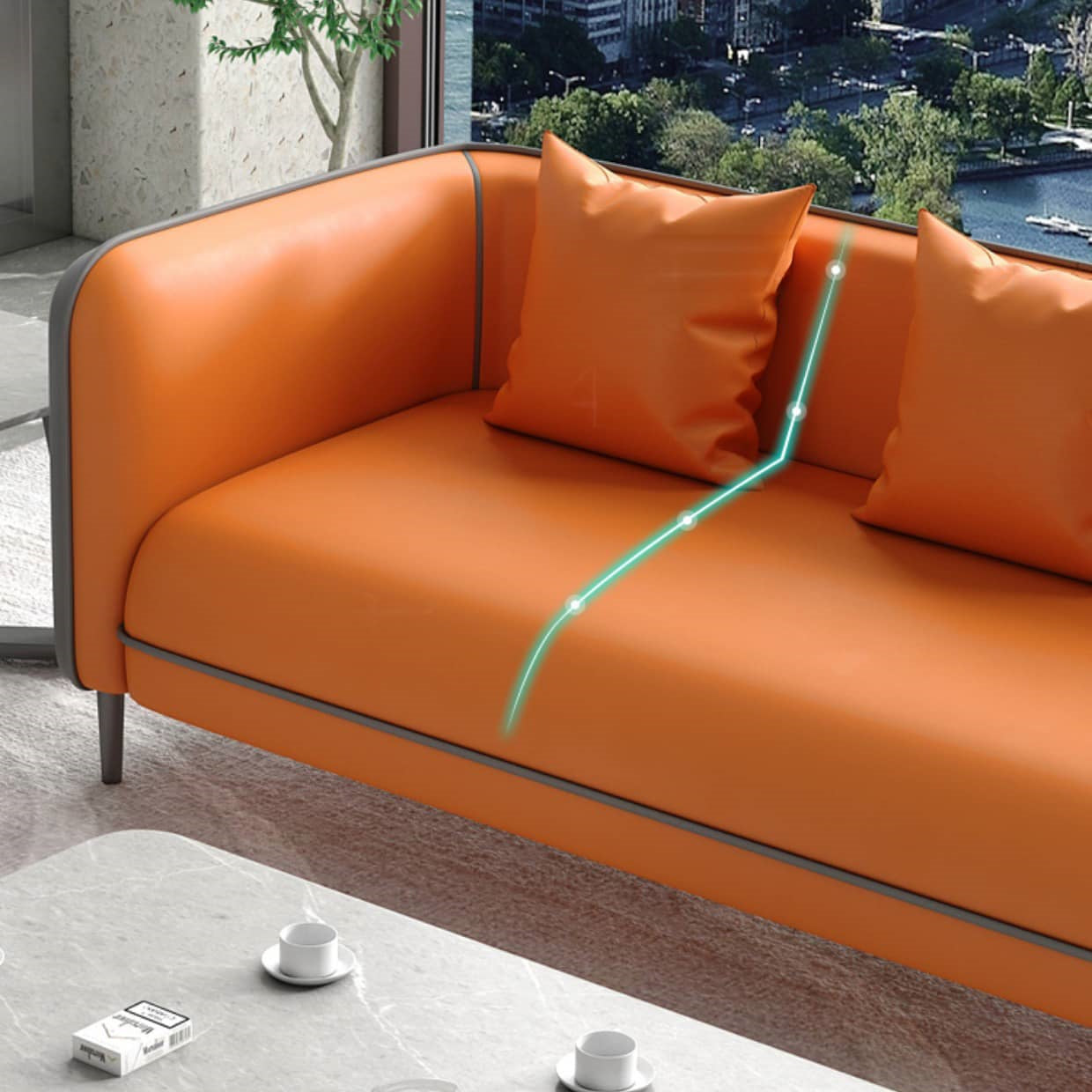 Modern Orange & Gray Faux Leather Sofa with Pine Wood Frame fsj-1030